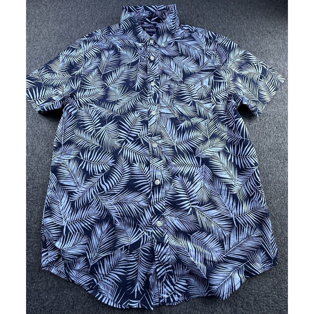 Trunks Surf &‎ Swim Co Shirt Mens Medium Navy Blue Hawaiian Leaves Button Up